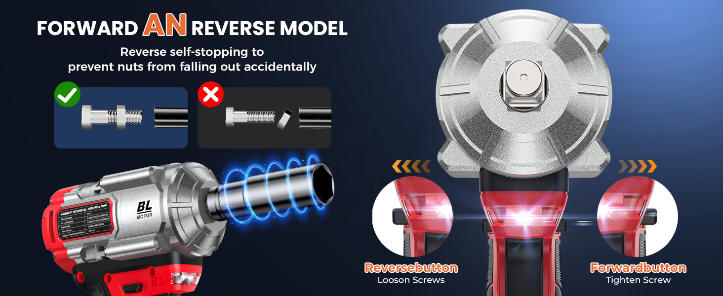 withforward and reverse modes, featuring a reverse self-stop function to keep nuts securely in place