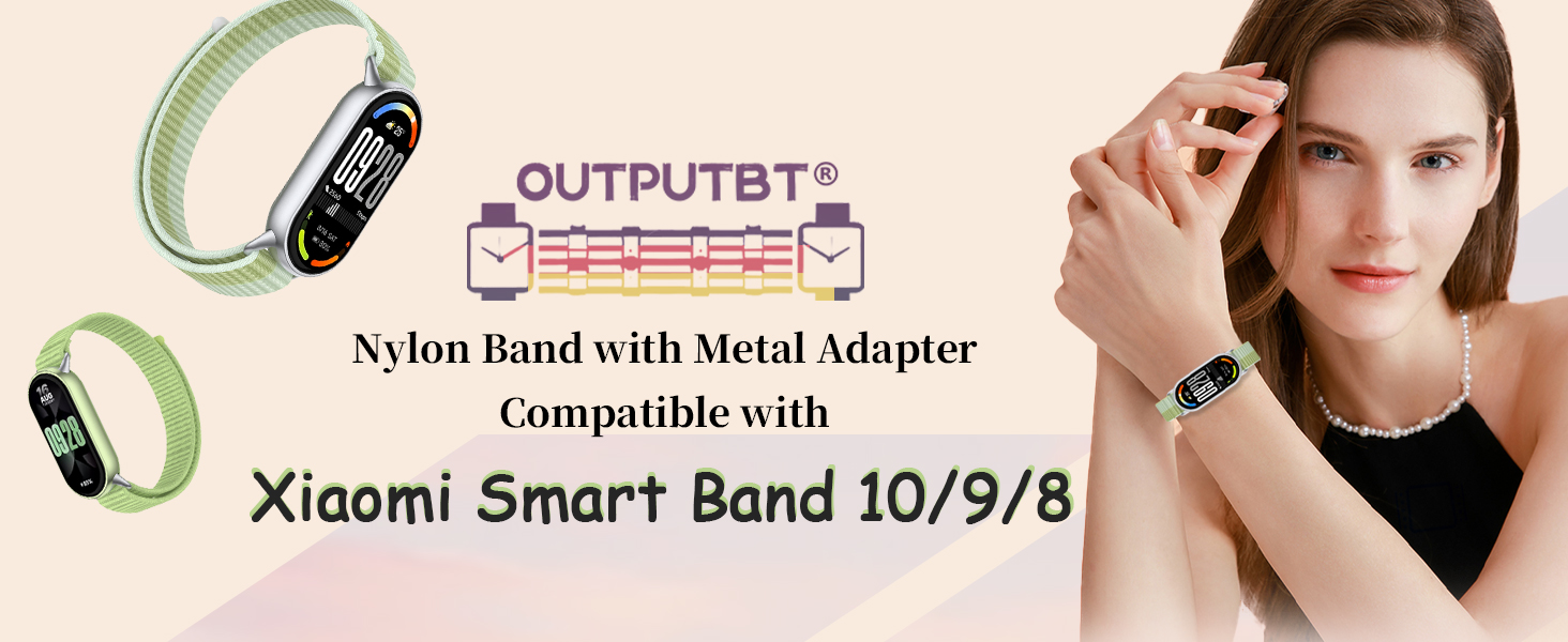 Text reads 'Xiaomi Smart Band 10/9/8' and 'Nylon Band with Metal Adapter Compatible with'. Product images showing smart band accessories.