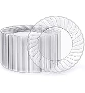 FOCUSLINE 100 Count Clear Plastic Plates 9 Inch, Disposable Heavy Duty Plastic Dinner Plates- Pre...