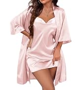 Ekouaer Women's Satin Robe Set Nightgown with Robes Silk Pajama Set 2 Pieces Lingerie Cowl Neck C...