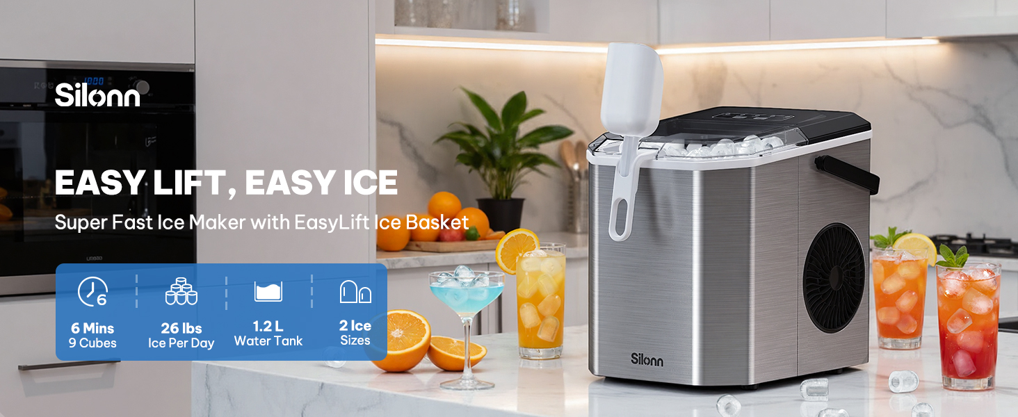 EASY LIFT, EASY ICE:Super Fast Ice Maker with EasyLift Ice Basket
