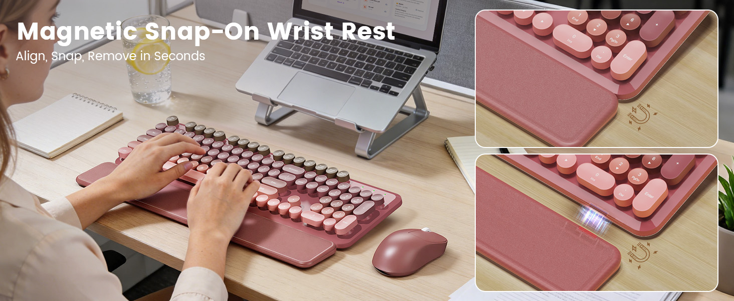 wireless keyboard with magnetic snap on wrist rest shown attaching and removing in seconds