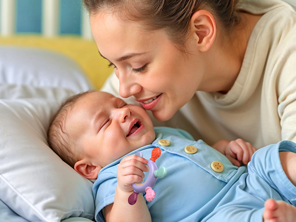 Baby in light blue onesie with yellow buttons, holding colorful rattle toy. Resting on white pillow in soft-colored environment.