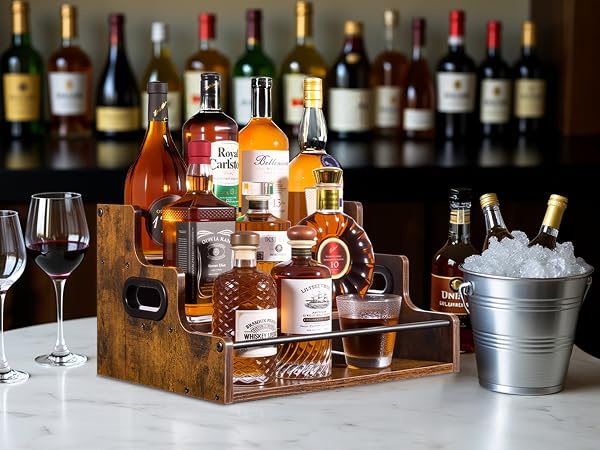 Large bottle display stand for liquor bar, tiered wood shelf for whiskey & wine collection.