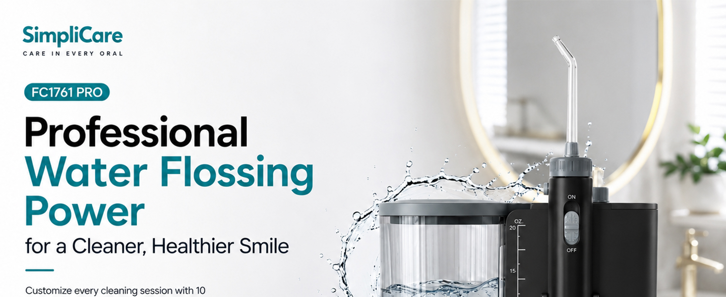 SimpliCare FC1761 countertop water flosser with 10 pressure levels, 600ml tank and 8 tips.