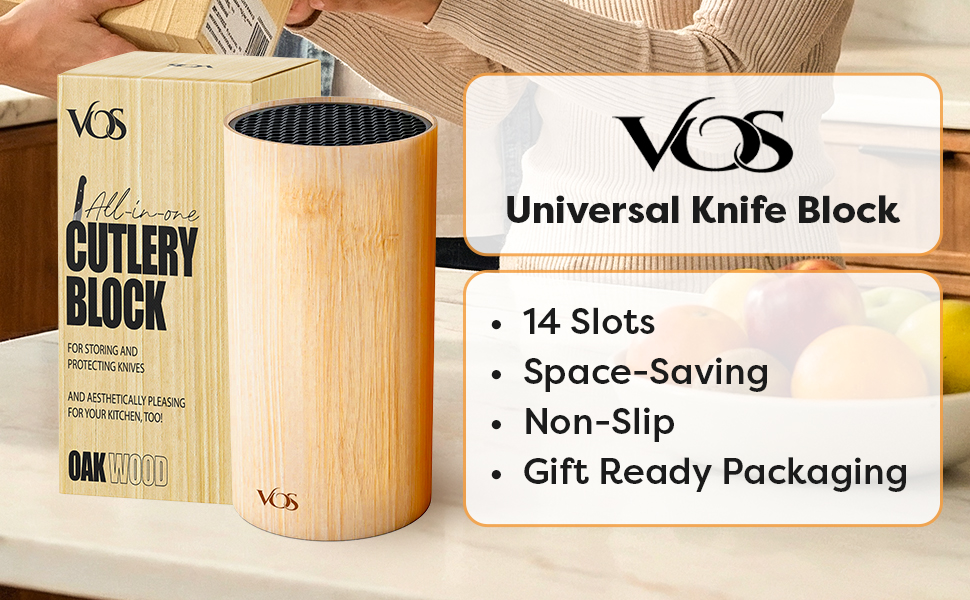 Vos oak wood knife block 14 slots compact non slip vs plastic bulky 10 slot competitor block