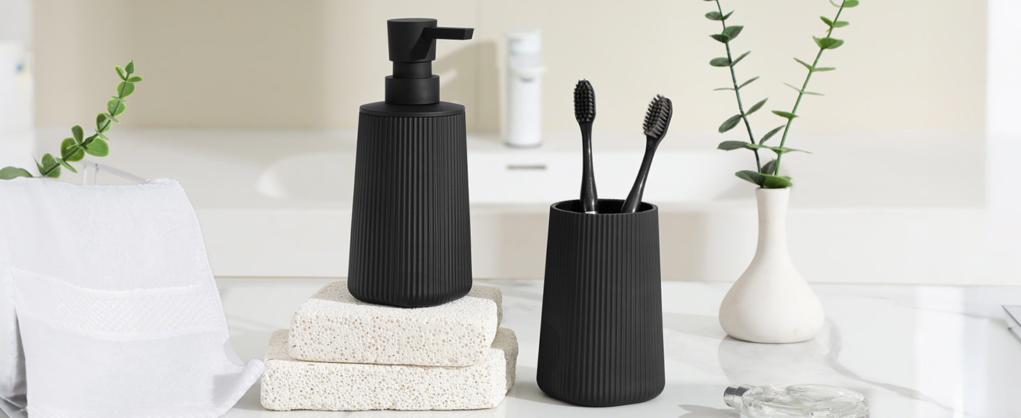 Black Striped Soap Dispenser and Toothbrush Holder Set