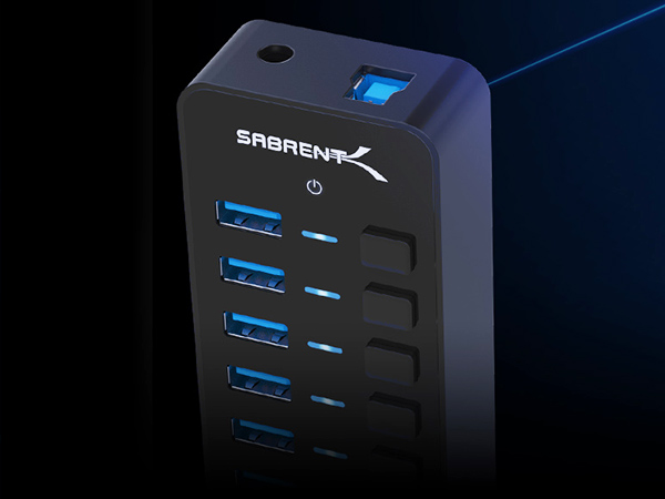 Overhead view of SABRENT USB Hub highlighting layout of 10 USB ports and smart charging capability.
