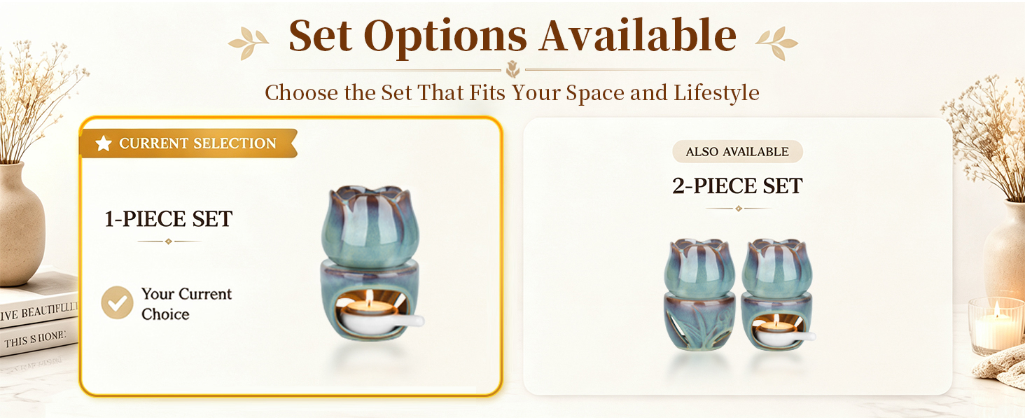 Text reads 'Set Options Available', 'Choose the Set That Fits Your Space and Lifestyle', '1-PIECE SET Your Carrot', '2-PIECE SET'. Product shows drinking glass sets with botanical design.