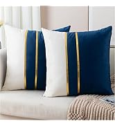 ZLINA Set of 2 Velvet Decorative Throw Pillow Covers Navy Blue White Patchwork with Gold Leather ...