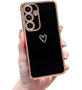DEFBSC Compatible with Samsung Galaxy S25 Case with Gold Heart, Luxury Plating Edge Bumper Cute C...