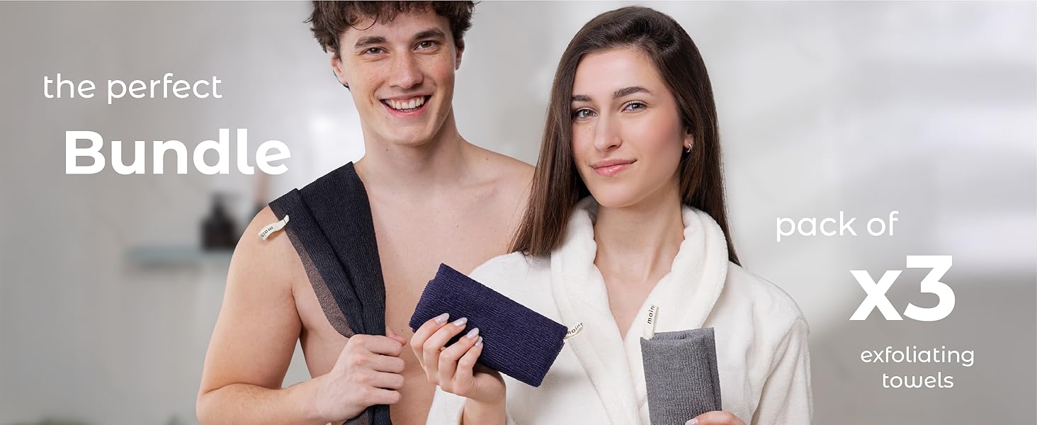 Man and woman holding a 3-pack of exfoliating washcloths for body scrubbing.