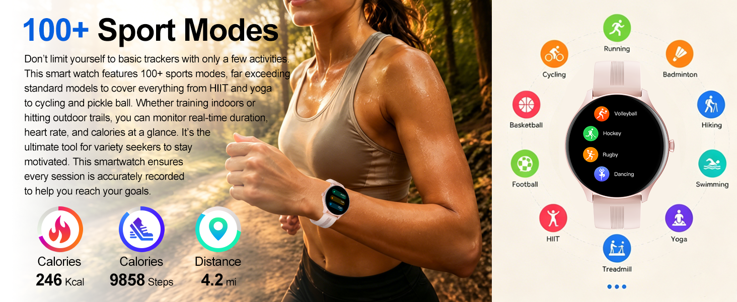 Smart watch with 100+ sport modes: tracks duration, heart rate, calories for runs, yoga, cycling.