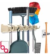 Combo 5 Slot Broom Holder w/ 1 Self Adhesive Mop Gripper No-Drilling, Wall Mount Tool Organizers ...