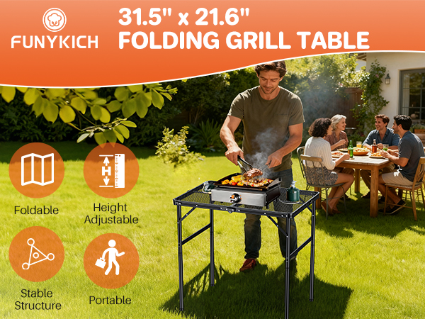 folding grill table with black metal frame