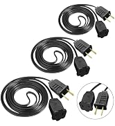 3 Pack Black Extension Cord 6 Feet Waterproof, 2 Prong Extension Cords with 2 Pole Brass Straight...