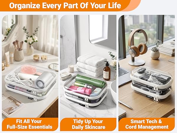 Multi-purpose clear organizers for home vanity, hair dryer storage, and tech cord management.