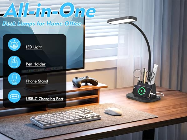 Desk Lamps for Home Office with Pen Holder USB Charging Ports Reading Light LED Table Lamp