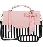 Pink handbag with bow detail and striped black-and-white bottom panel. Features gold hardware, detachable shoulder strap, and structured design.