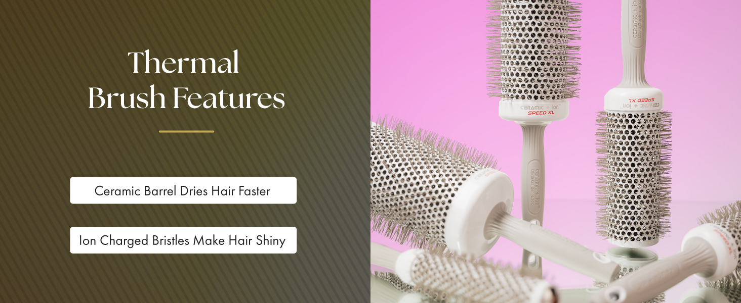 Image of five ion brushes with text reading ceramic barrel dries hair faster.