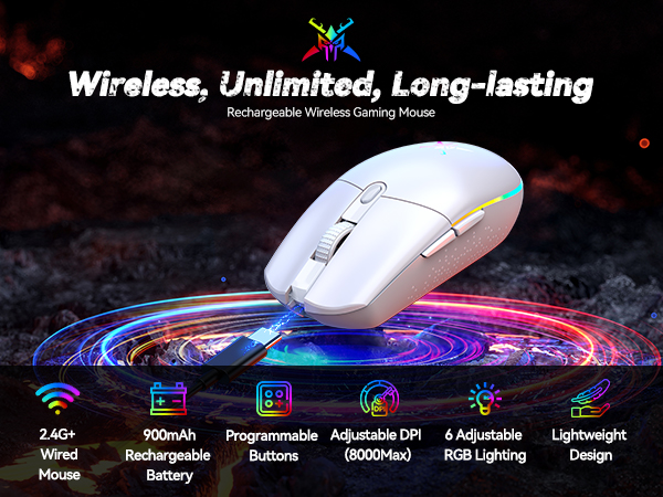 White wireless gaming mouse with RGB lighting on a colorful circular base. Features include programmable buttons, adjustable DPI, and a 900mAh rechargeable battery.