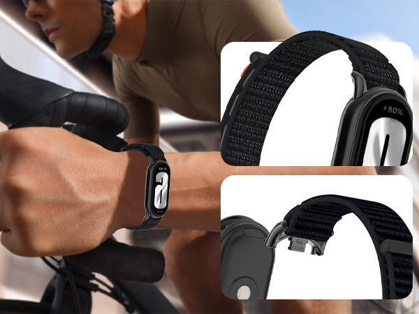 Black sports watch with textured fabric strap shown on wrist during cycling. Close-ups display adjustable buckle and woven band texture. Designed for athletic use.