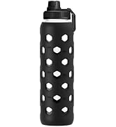 Zukro 32 oz Glass Water Bottles with Silicone Sleeve, Leak Proof, Black | 1 Liter, Volume Marker,...