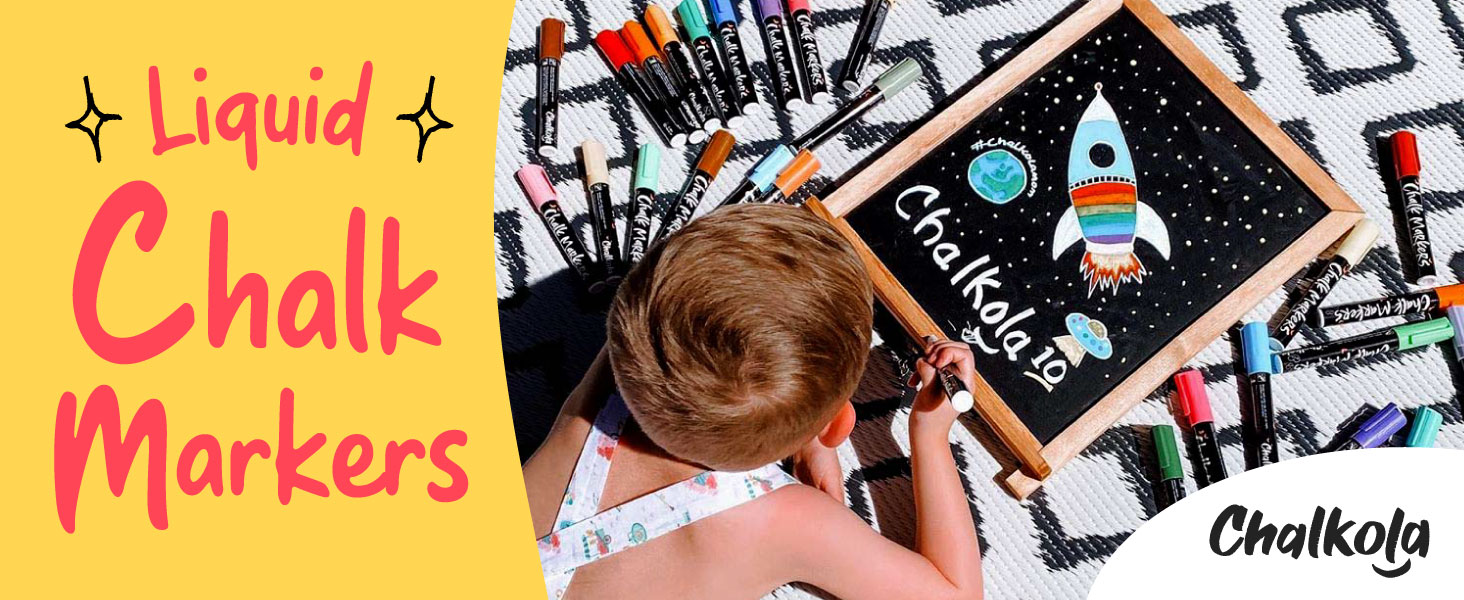 Vibrant Chalkola chalk markers being used by a kid on a non-porous chalkboard