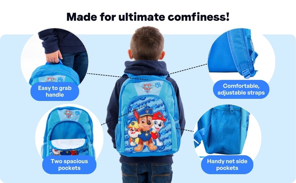 Text reads: 'Made for ultimate comfiness!' Blue backpack shown from multiple angles featuring storage compartments and cartoon character design.
