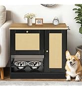 Modern Rattan Dog Feeding Station with 2 Elevated Bowls, Lockable Storage Cabinet, Anti-Tip Desig...