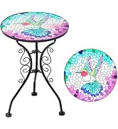 baterysu Outdoor Patio Side Table, 21" Round End Table with 14" Hummingbird Pattern Glass Top, Sm...
