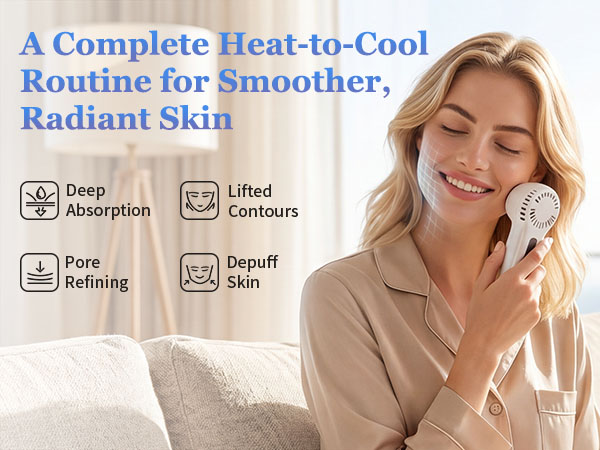 Woman in satin pajamas uses a facial device on a couch, with product feature text displayed.