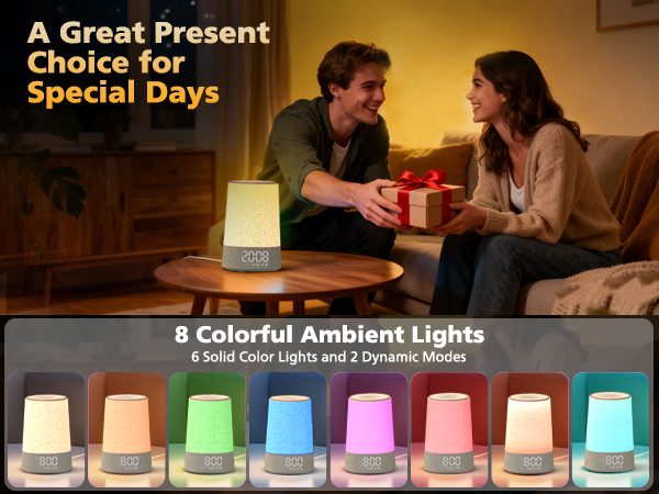 Text reads 'A Great Present Choice for Special Days' and '8 Colorful Ambient Lights'. Shows color-changing LED lamps displaying spectrum from red to purple.