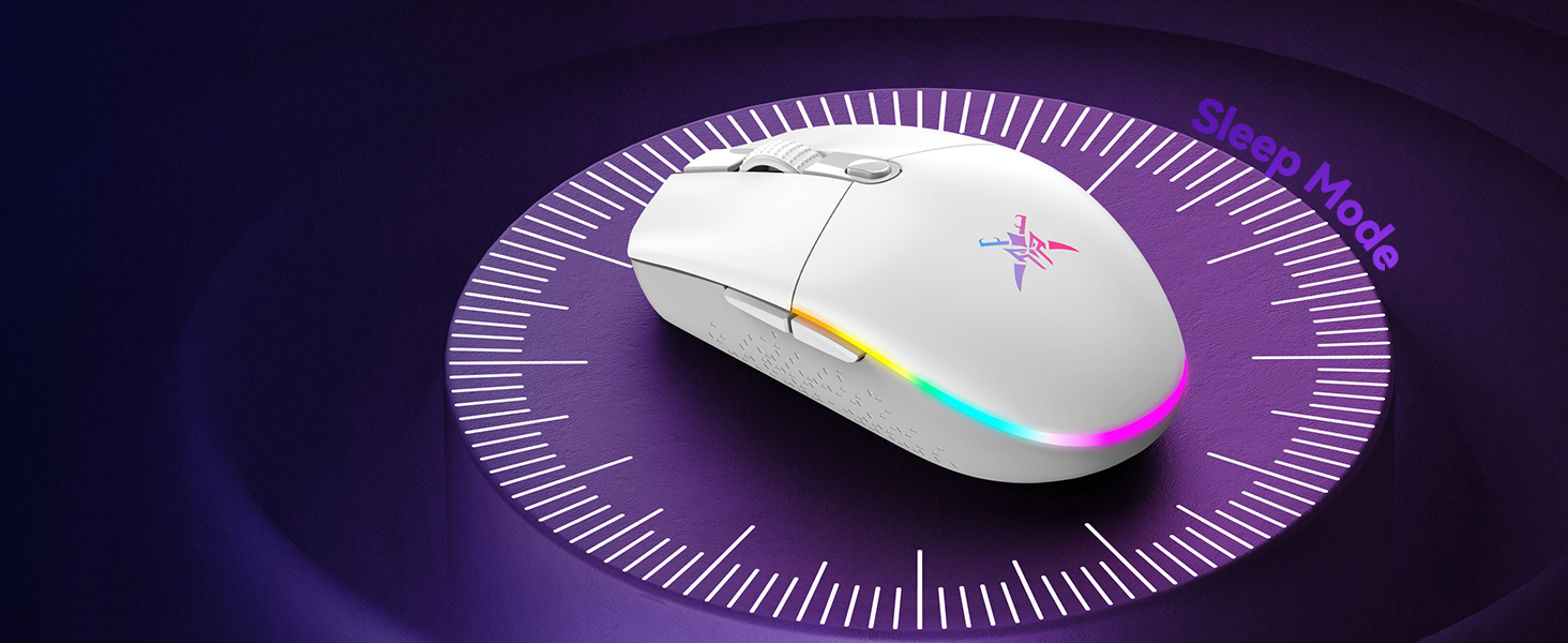 White wireless computer mouse with RGB lighting strip along its side, placed on a purple circular background with radial markings resembling a clock face.