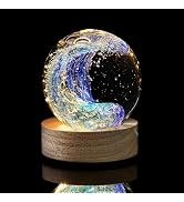 LOULIQIGIFT Hand Blown Glass Ocean Waves Ball 2.36in Crystal Ball with Wooden Light Base Sea Glas...