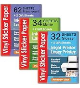 Premium Printable Vinyl Sticker Paper Matte for Inkjet Printer 34 sheets + Translucent Clear Stic...