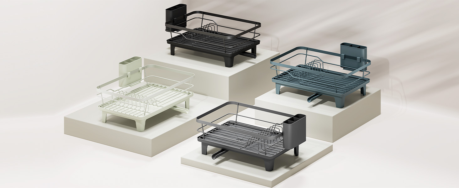 Collection of five desk organizers in different colors (black, teal, white, dark gray) with metal mesh or perforated design, displayed on neutral background.