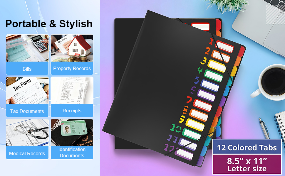 Text reads 'Portable & Stylish', '8.5" x 11" Letter Size'. Product appears to be a document organizer or portfolio with multiple colorful dividers and tabs.