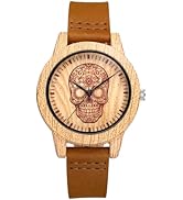 Avaner Men's Punk Leather Watches: Skull Imitation Wood Grain Analog Quartz Wrist Watches