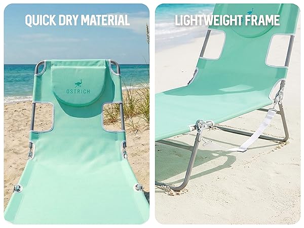 A close-up of a blue beach chair on the beach showing its features.