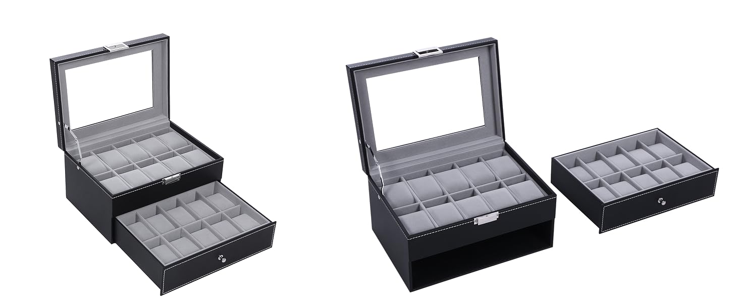 BEWISHOME Watch Case, 20-Slot Watch Box Organizer for Men Watch Case with Large Glass Lid Watch