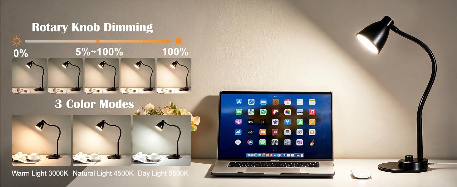 LED Desk Lamp with USB Charging Port Reading Light Task Lamp Black Table Lamp for Bedside Office