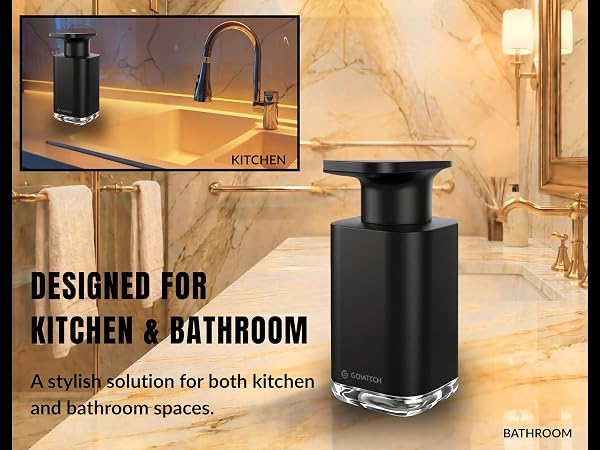 Text reads 'DESIGNED FOR KITCHEN & BATHROOM' and 'A multi-solution for both kitchen and bathroom spaces.' Black countertop dispenser shown in kitchen and bathroom settings.