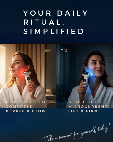 AM red light hot compress, PM blue light microcurrent — 5-min daily facial ritual