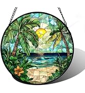 DASTOLL Stained Glass Window Hanging, Green Beach Scenery Suncatcher Diamond Glass Panel Hangings...