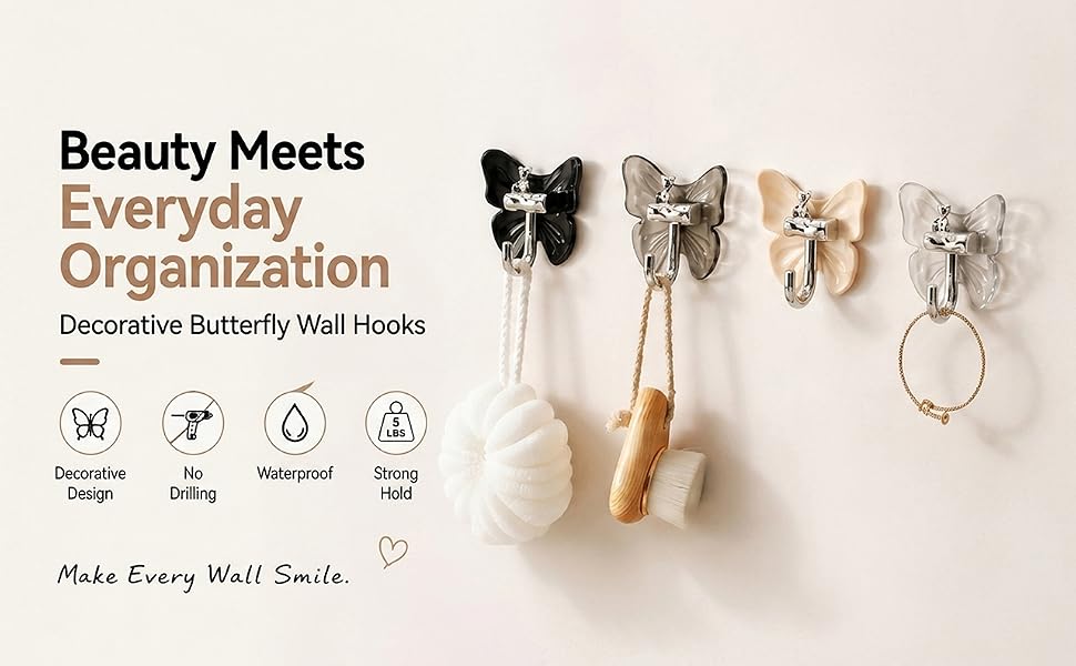 Decorative butterfly adhesive wall hooks for bathroom, kitchen and bedroom organization.