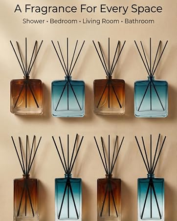 Reed diffusers in amber and blue glass bottles for home fragrance in any room