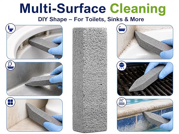 Multi-surface pumice stone cleaning stick for toilets, sinks, grills and pool tile.