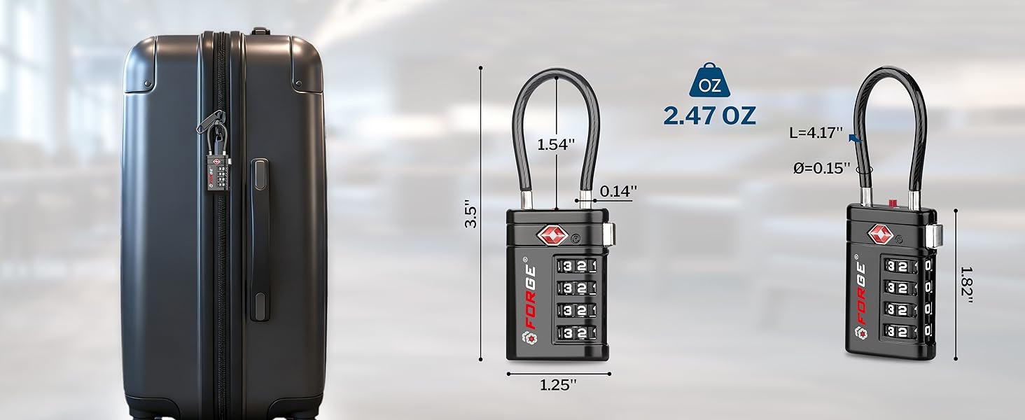 FORGE Optimus 4-digit TSA lock with zinc alloy body and size details