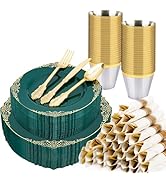 realluck 350 PCS Green and Gold Plastic Plates, Plastic Dinnerware Set for 50 Guests, 100 Disposa...